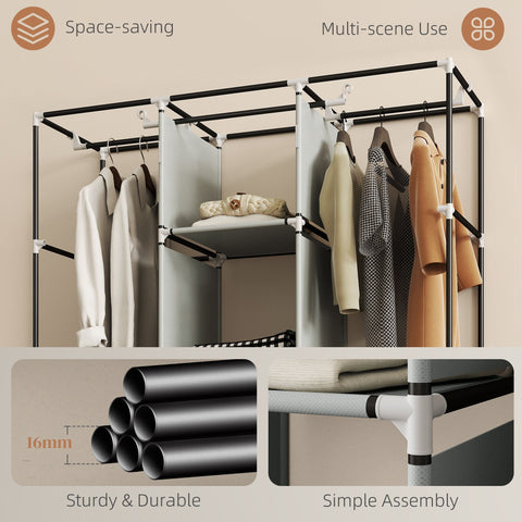 Black and white metal frame homcom fabric wardrobe with adjustable shelves and hanging rods in light grey fabric wardrobe