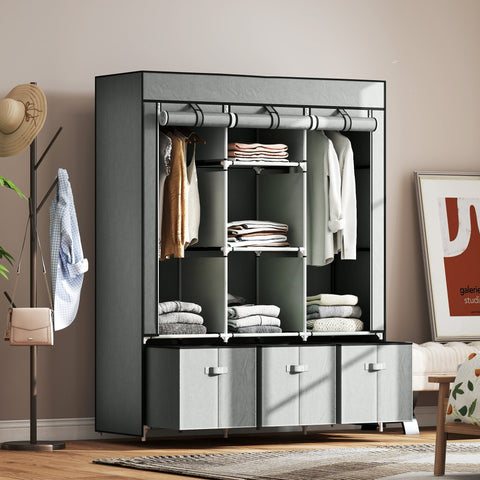 Homcom fabric wardrobe in light grey with metal frame, 3 fabric drawers, 5 shelves, and hanging rod for bedroom storage