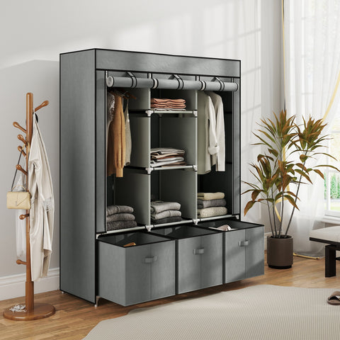 Gray homcom fabric wardrobe with 5 shelves 2 hanging rods and matching storage bins for bedroom use