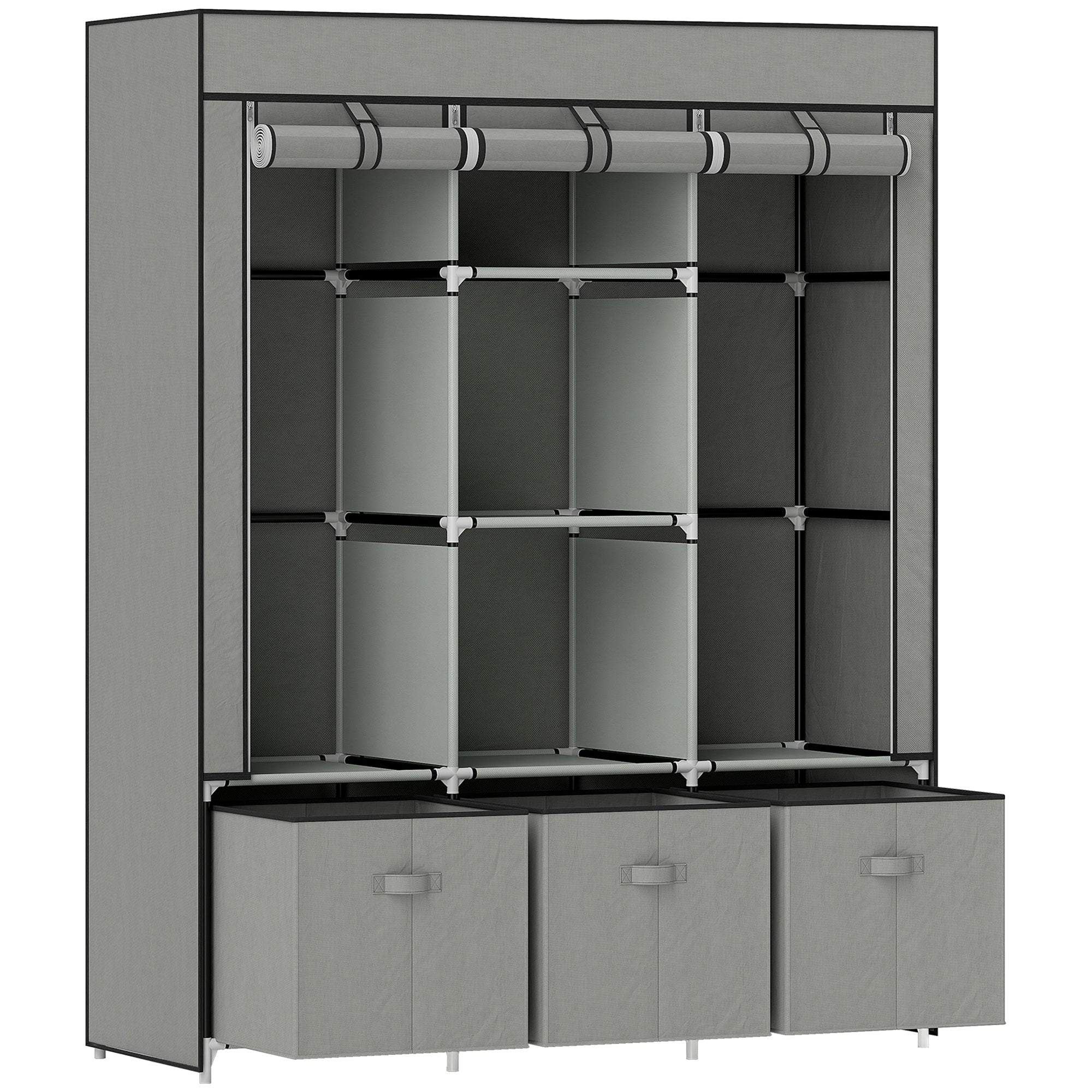 Gray homcom fabric wardrobe with modular design, hanging rod, adjustable shelves, and three fabric drawers at base