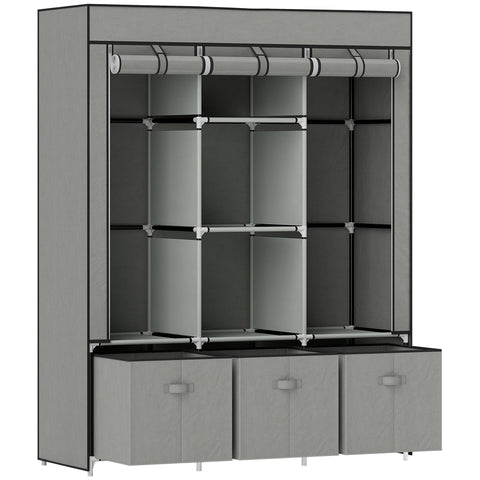 Gray homcom fabric wardrobe with modular design, hanging rod, adjustable shelves, and three fabric drawers at base