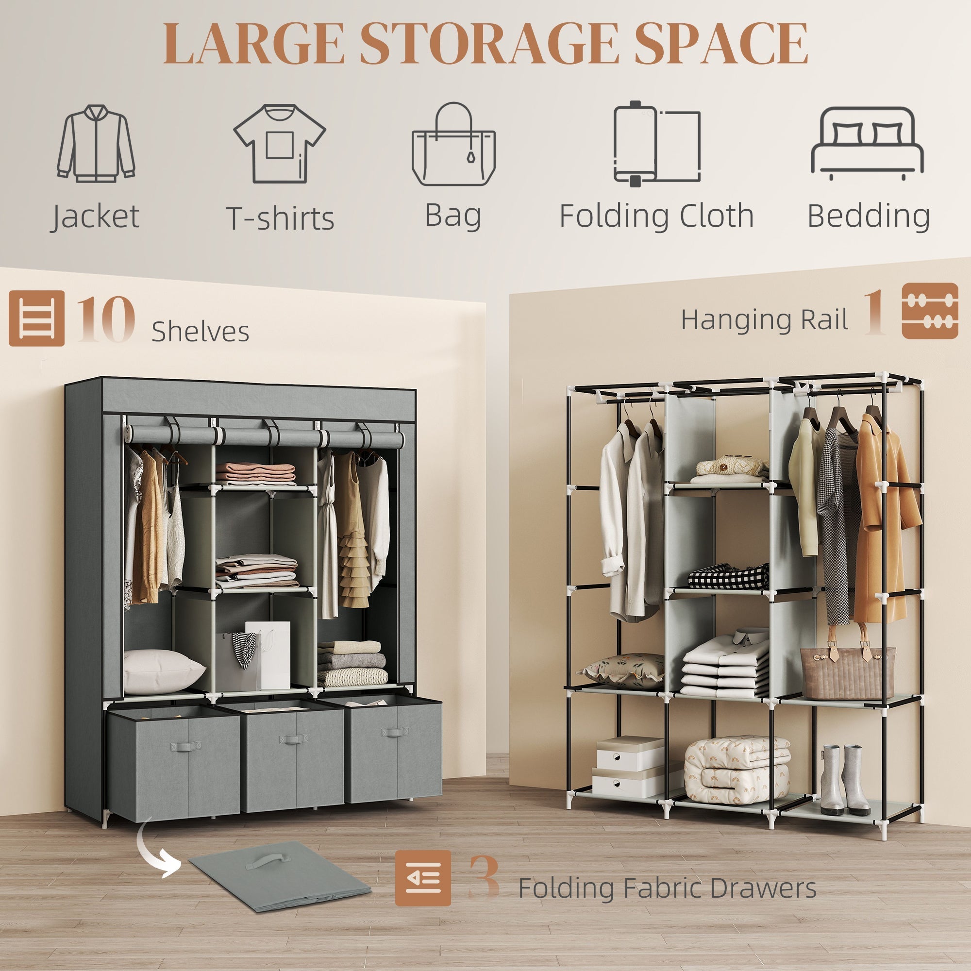 Gray homcom fabric wardrobe with metal frame, hanging rod, 5 shelves, and 3 fabric drawers for bedroom storage
