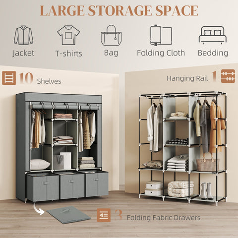 Gray homcom fabric wardrobe with metal frame, hanging rod, 5 shelves, and 3 fabric drawers for bedroom storage