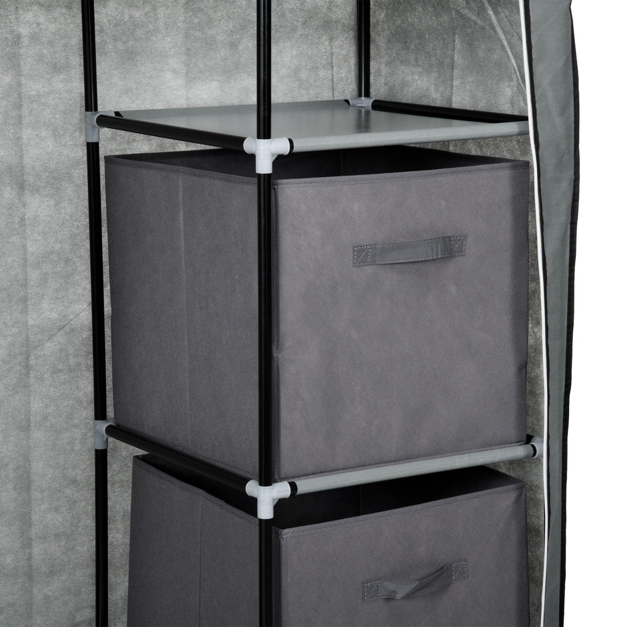 Gray homcom fabric wardrobe with black handle fabric drawers and non-woven fabric cover on metal shelving unit