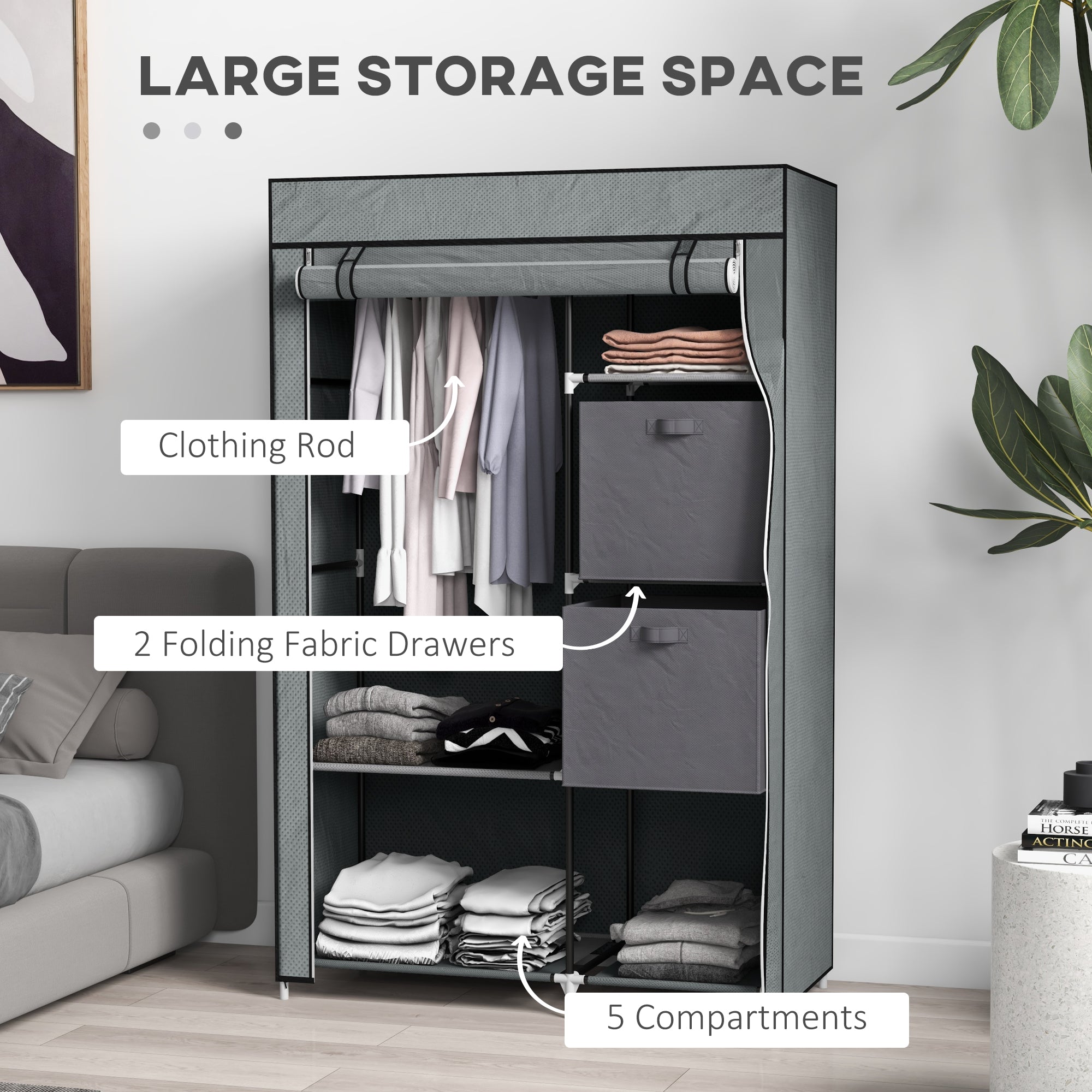 Homcom fabric wardrobe in dark grey with non-woven fabric cover, hanging rail, five compartments, and fabric drawers