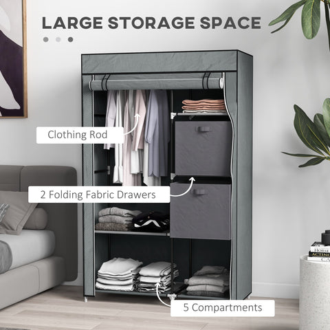 Homcom fabric wardrobe in dark grey with non-woven fabric cover, hanging rail, five compartments, and fabric drawers