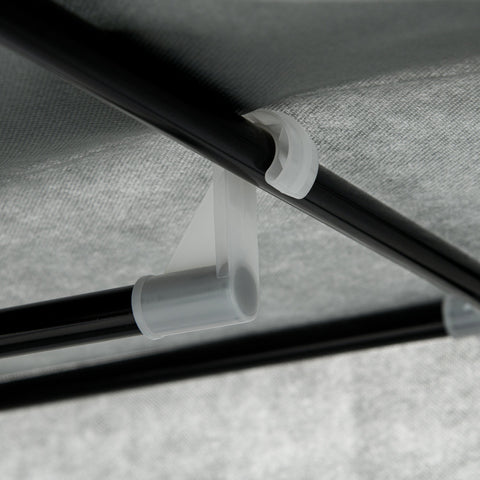 White plastic pipe clamp securing black metal frame of homcom dark grey fabric wardrobe with non-woven fabric cover and fabric drawers