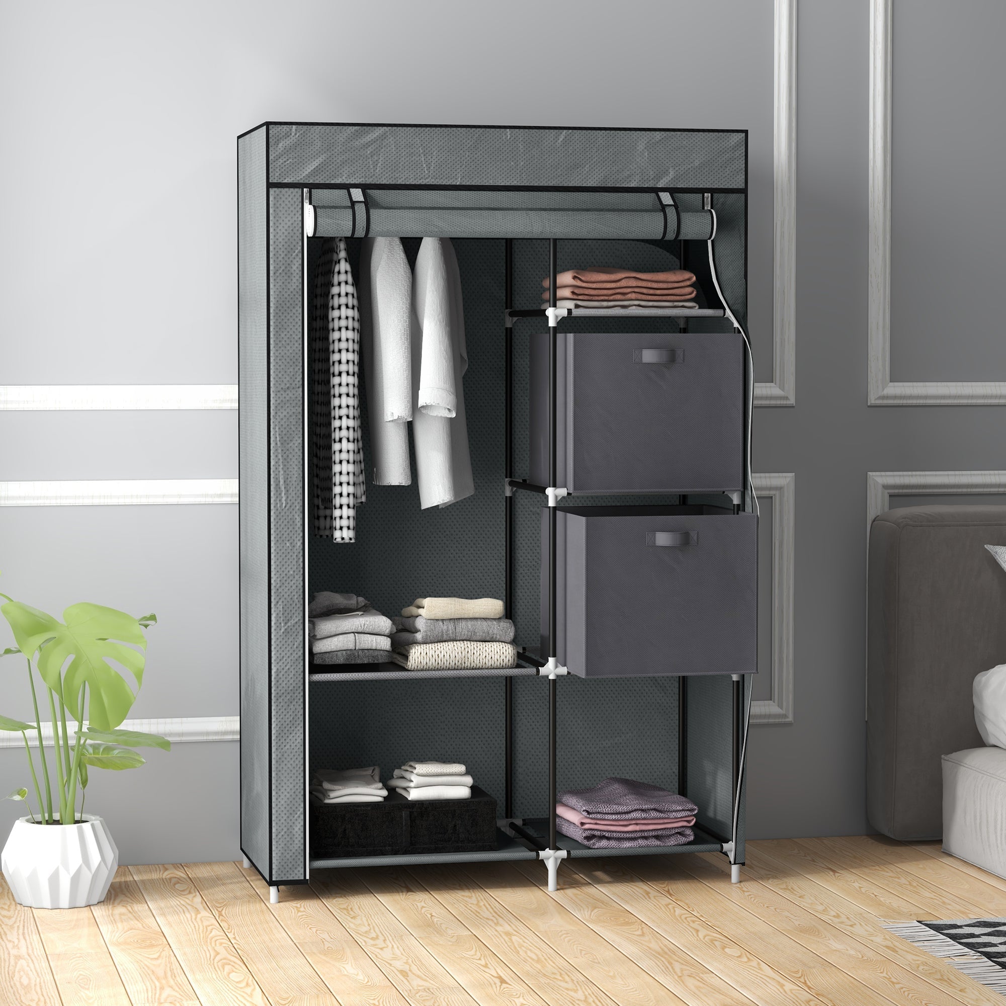 Homcom fabric wardrobe in dark grey with black metal frame, 5 compartments, hanging rail, and non-woven fabric drawers