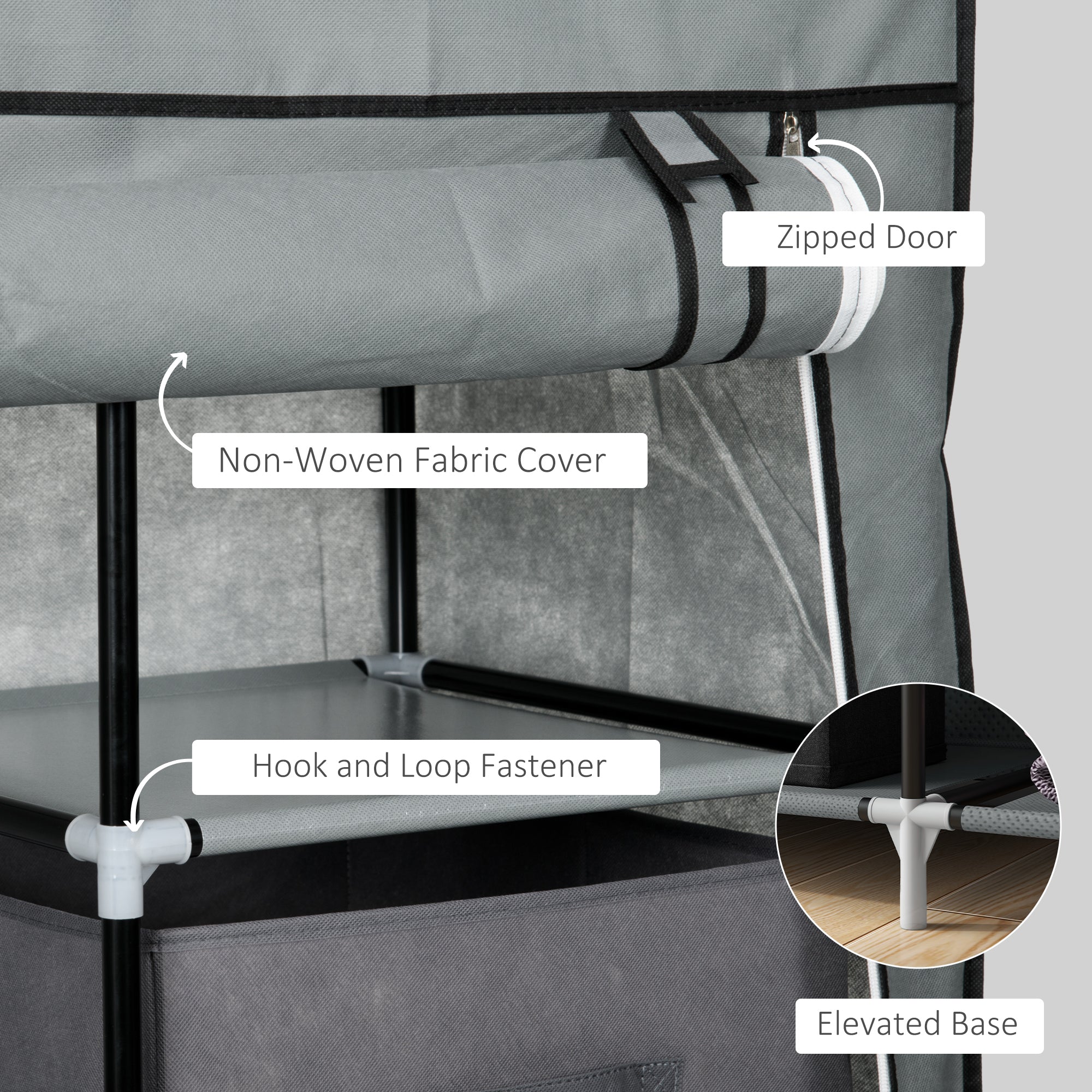 Homcom fabric wardrobe dark grey with black frame features non-woven fabric cover fabric drawers and hanging rail