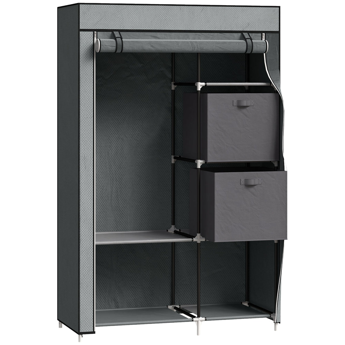 Gray fabric wardrobe with black metal frame and two fabric drawers featuring non-woven fabric cover for clothes storage