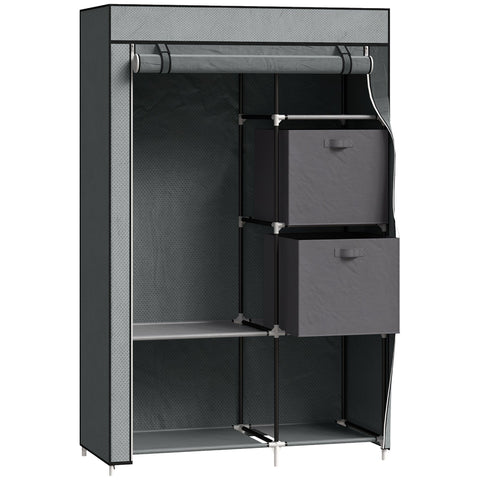 Gray fabric wardrobe with black metal frame and two fabric drawers featuring non-woven fabric cover for clothes storage
