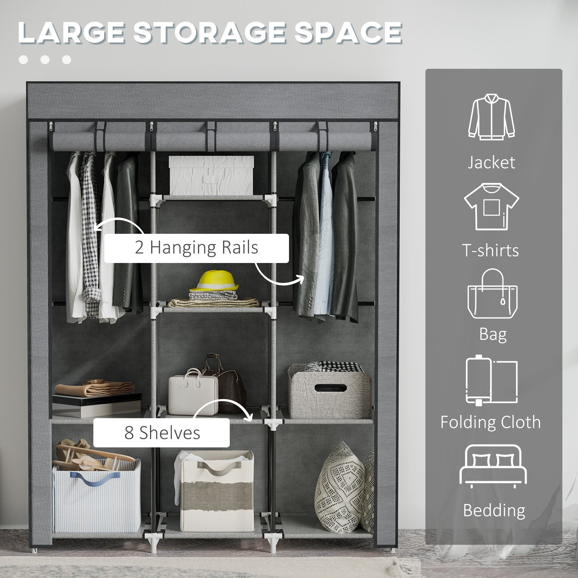 Gray homcom fabric wardrobe with metal frame, non-woven fabric cover, 8 shelves, and 2 hanging rods for clothes storage