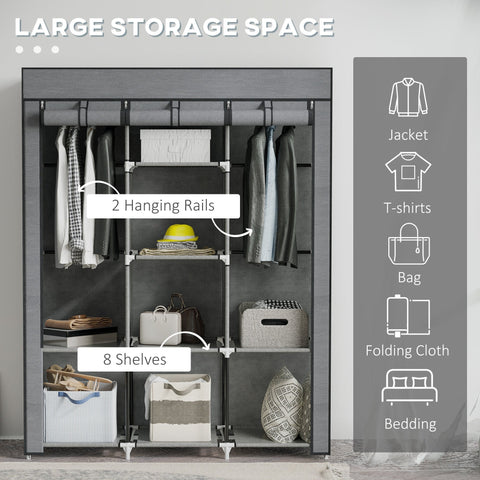 Gray homcom fabric wardrobe with metal frame, non-woven fabric cover, 8 shelves, and 2 hanging rods for clothes storage