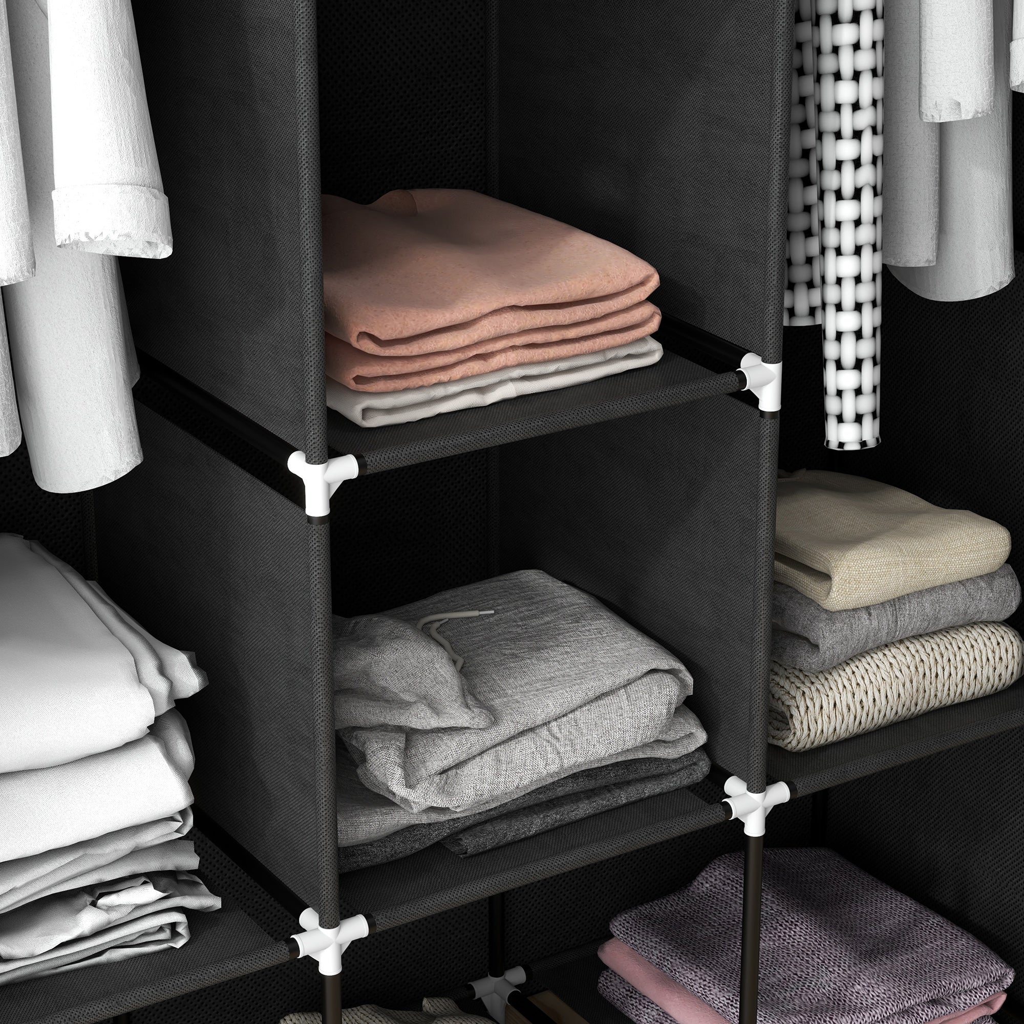 Black homcom fabric wardrobe with hanging rods and non-woven fabric cover for clothes storage and organization