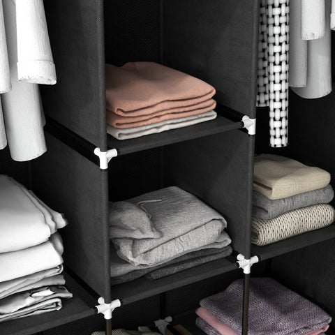 Black homcom fabric wardrobe with hanging rods and non-woven fabric cover for clothes storage and organization