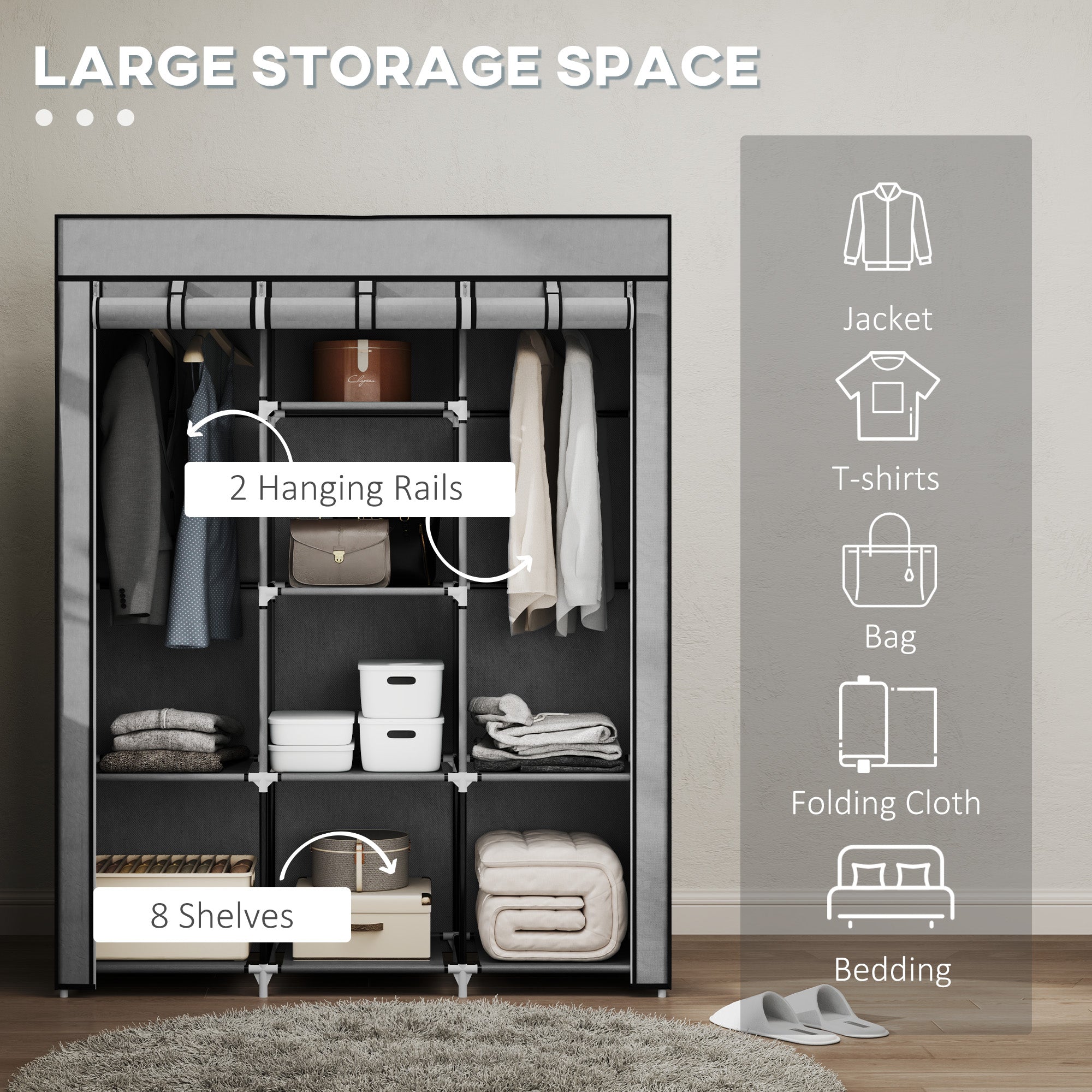 Homcom fabric wardrobe with black non-woven fabric cover, metal frame, 2 hanging rods, and 8 shelves for clothes storage