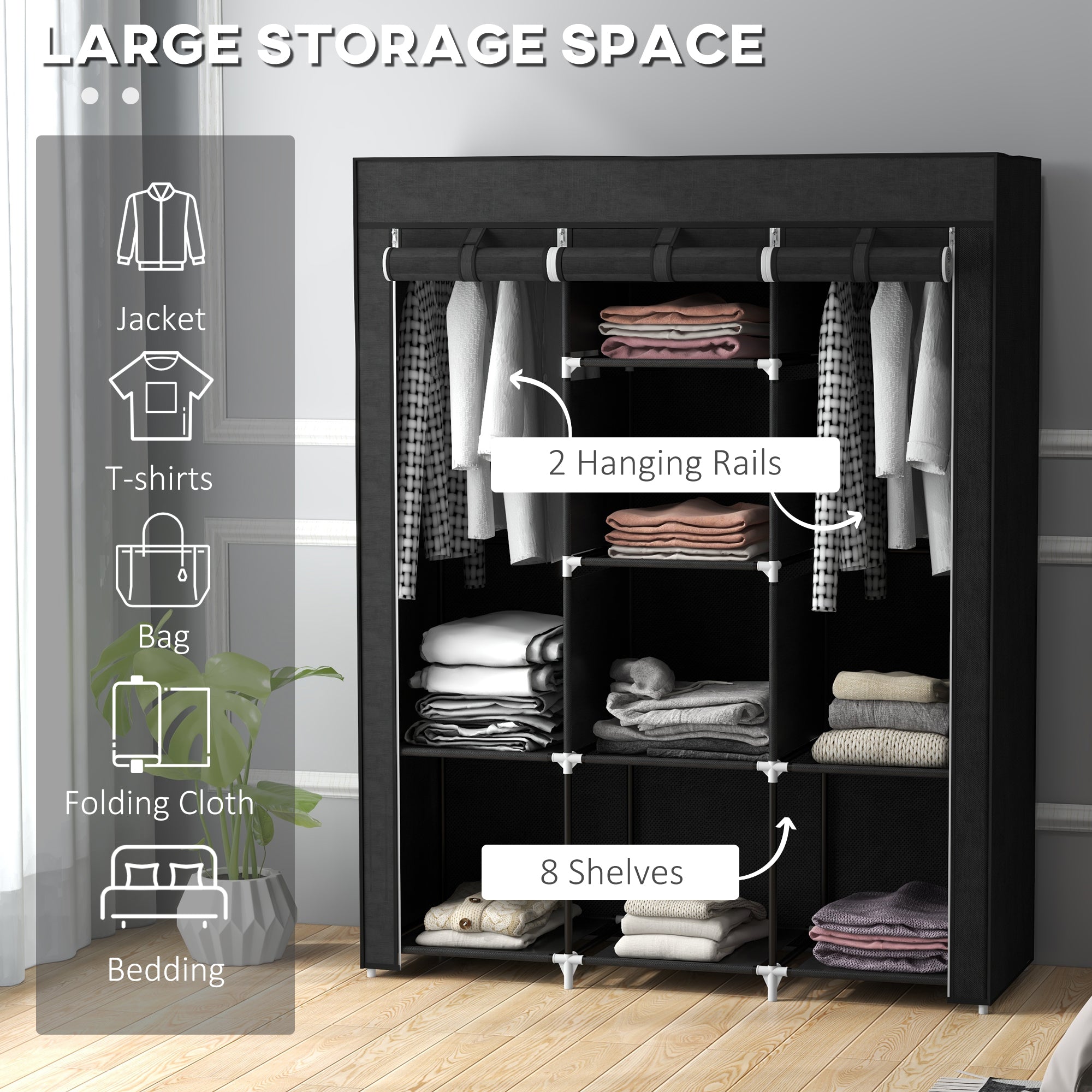 Black homcom fabric wardrobe with non-woven fabric cover, 8 shelves, and 2 hanging rods for clothes storage