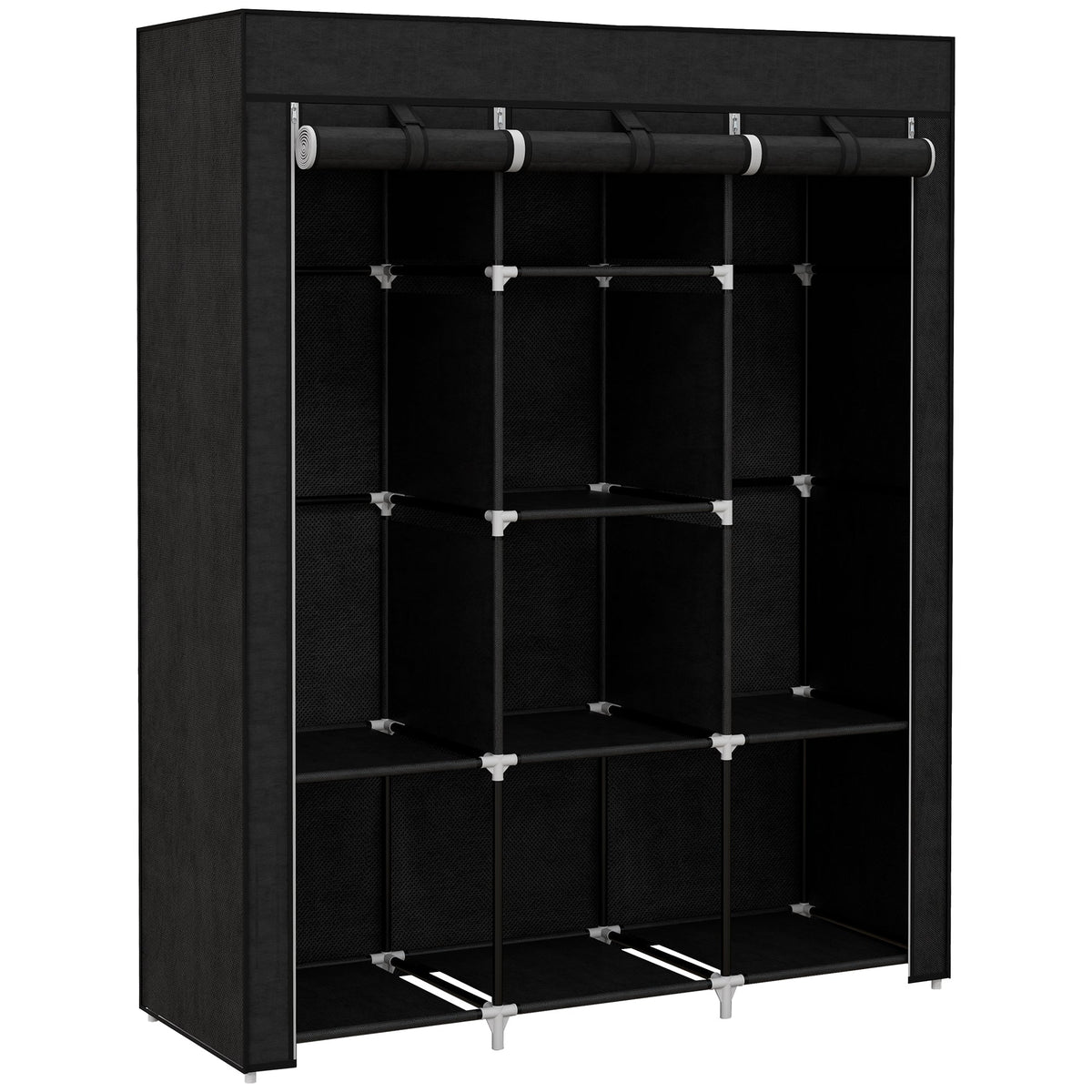 Black homcom fabric wardrobe with non-woven fabric cover, hanging rod, and 8 shelves for clothes storage