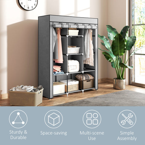 Homcom fabric wardrobe in light grey with hanging rod, non-woven fabric cover, and adjustable shelves for clothes storage