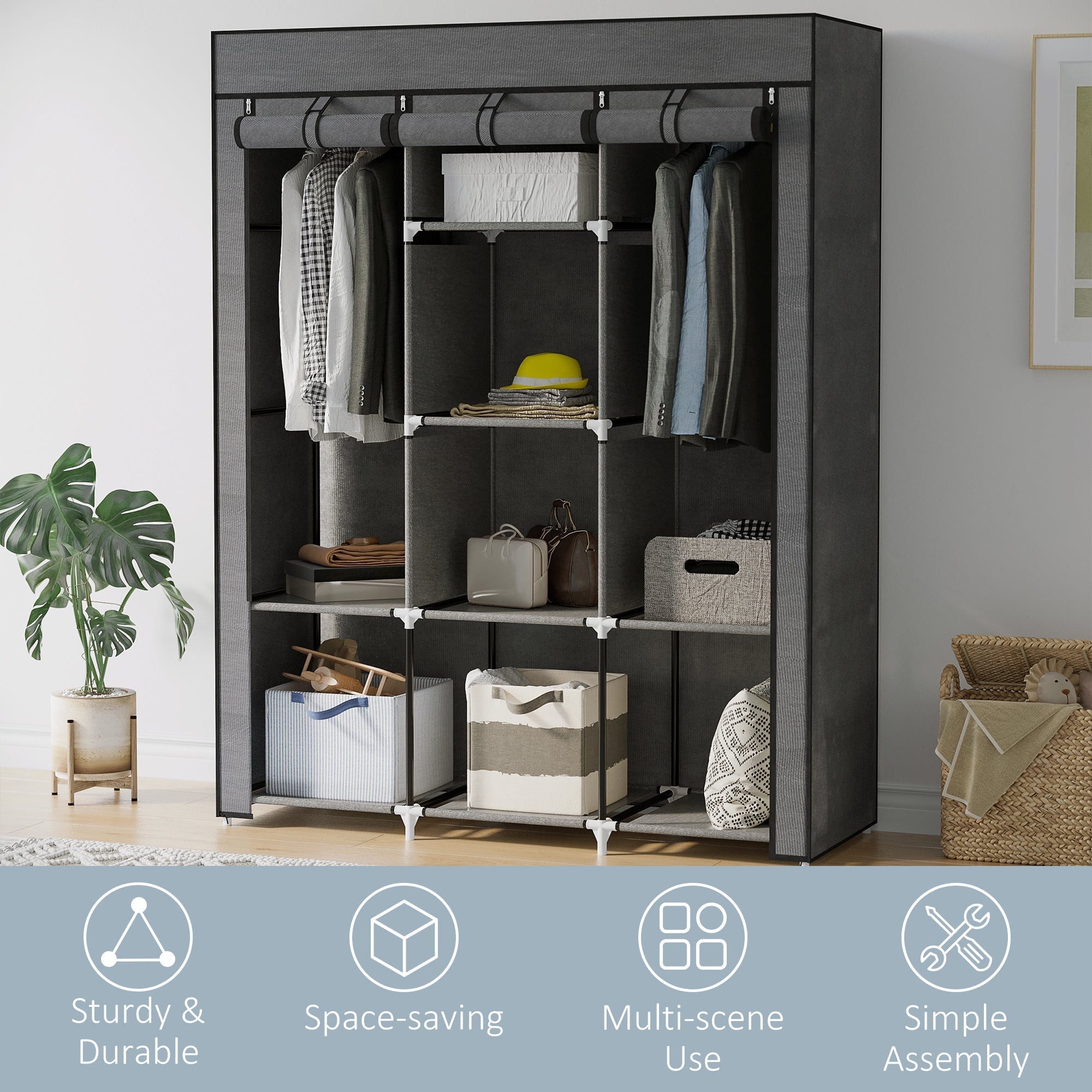 Dark grey homcom fabric wardrobe with metal frame hanging rod and non-woven fabric cover for clothes storage