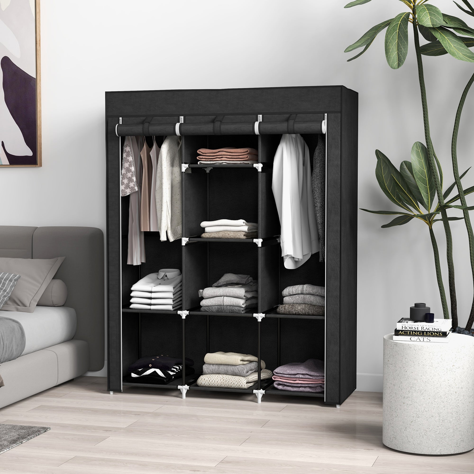 Black homcom fabric wardrobe with metal frame, non-woven fabric cover, 2 hanging rods, and 8 shelves for clothes storage