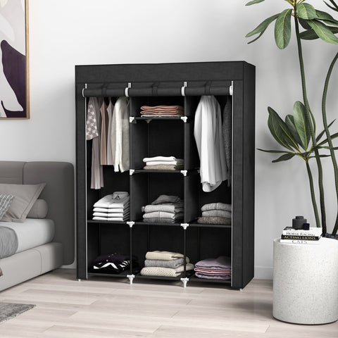 Black homcom fabric wardrobe with metal frame, non-woven fabric cover, 2 hanging rods, and 8 shelves for clothes storage