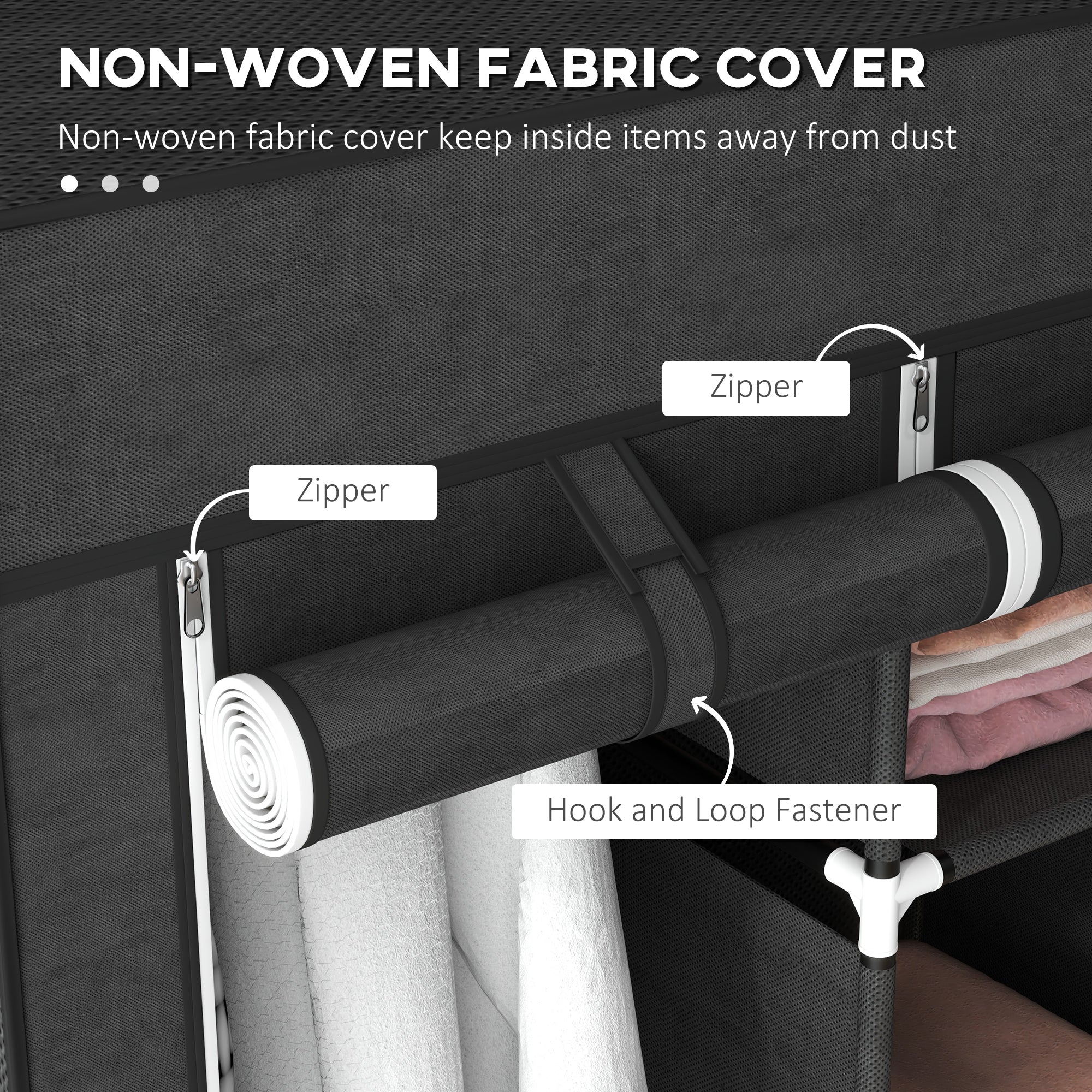 Black homcom fabric wardrobe with non-woven fabric cover white zippers hook-and-loop fasteners and hanging rods for clothes storage