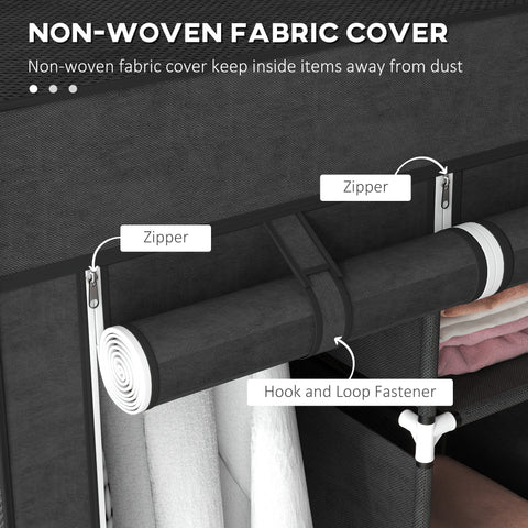 Black homcom fabric wardrobe with non-woven fabric cover white zippers hook-and-loop fasteners and hanging rods for clothes storage