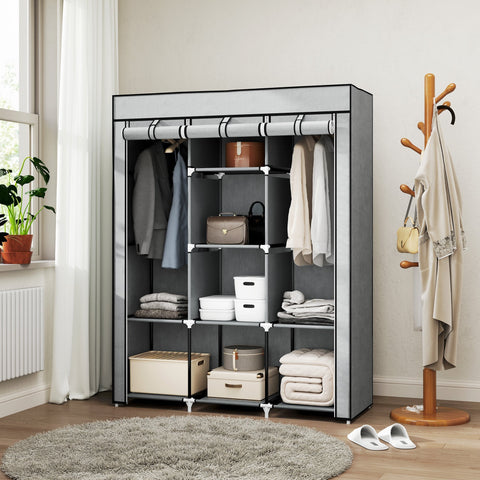 Homcom fabric wardrobe with light grey non woven fabric cover metal frame 8 shelves and 2 hanging rods for clothes storage