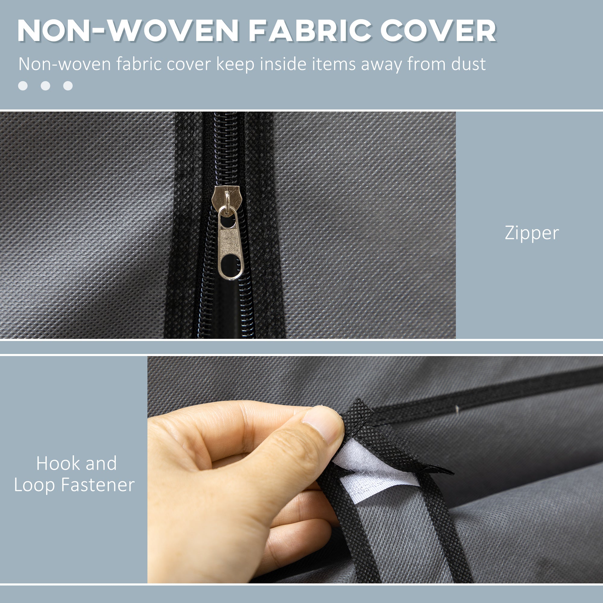 Homcom fabric wardrobe with dark grey non-woven fabric cover, silver zipper, hook loop fastener, and hanging rod storage