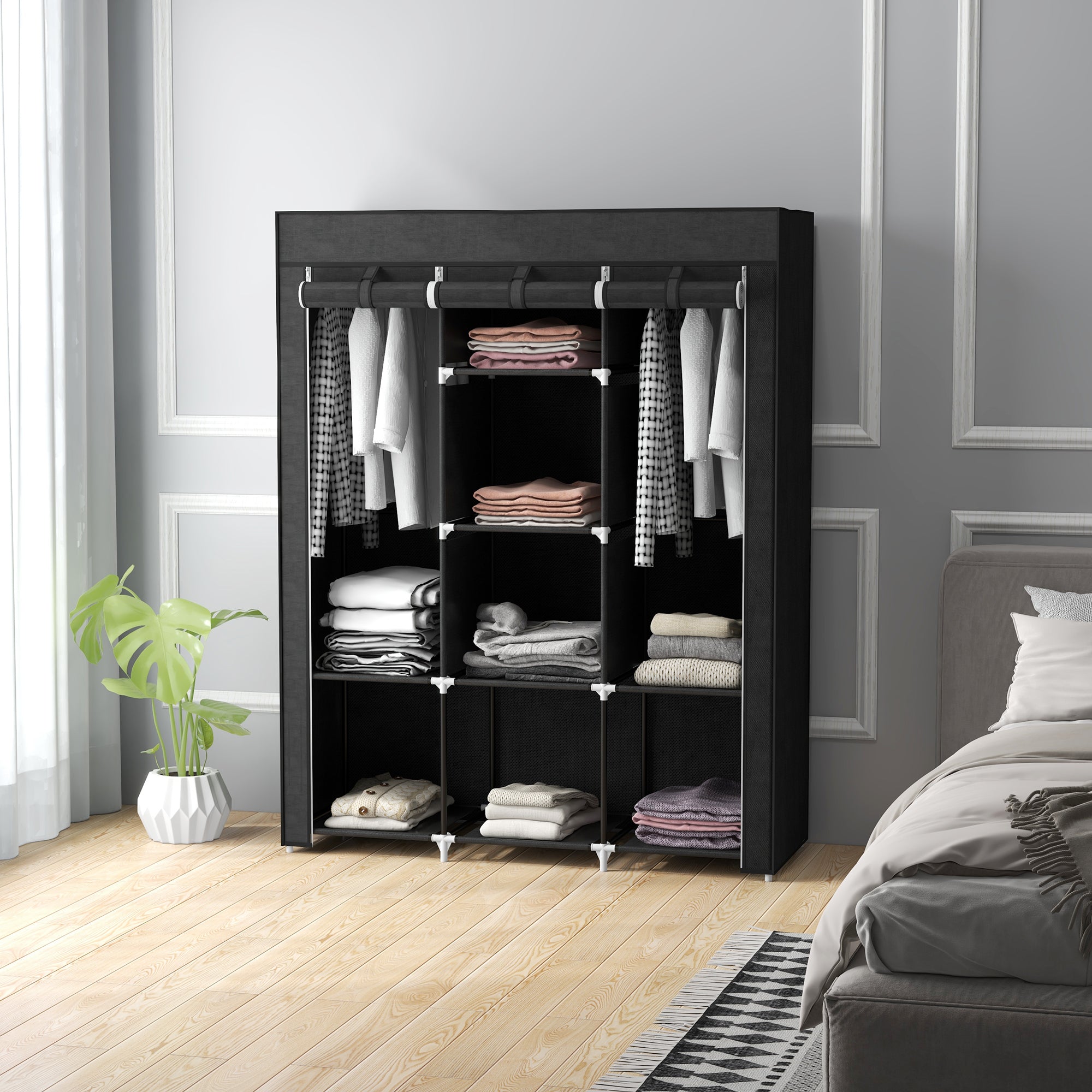 Black homcom fabric wardrobe with non-woven fabric cover, 8 shelves, and 2 hanging rods for clothes storage