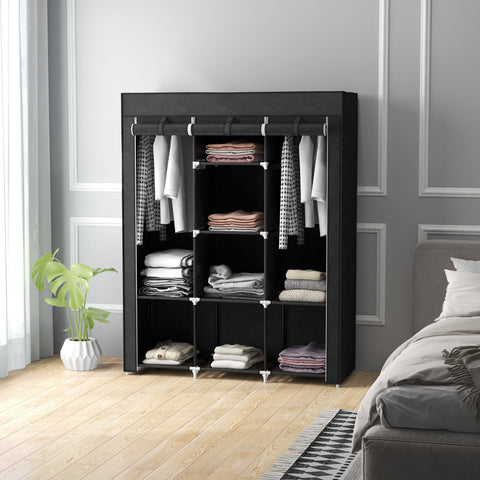 Black homcom fabric wardrobe with non-woven fabric cover, 8 shelves, and 2 hanging rods for clothes storage