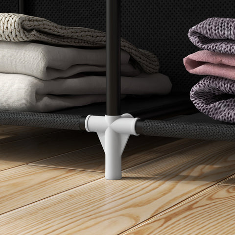 White plastic shelf support bracket with black metal pole on homcom fabric wardrobe with hanging rod and non-woven fabric cover