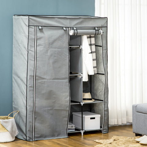 Homcom fabric wardrobe in light grey with black trim metal frame non-woven fabric cover and hanging rod clothes storage unit