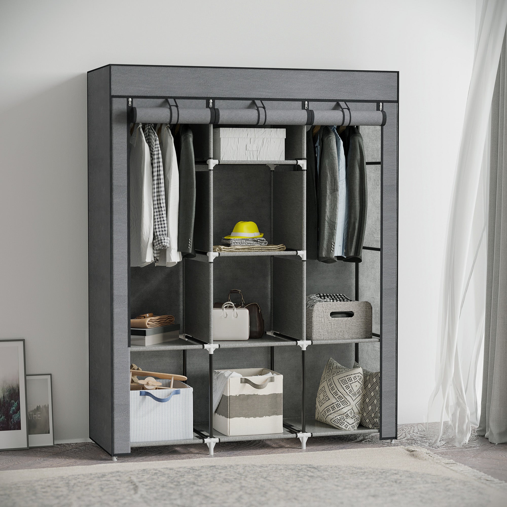 Homcom dark grey fabric wardrobe with non woven fabric cover, 8 shelves, and 2 hanging rods for clothes storage