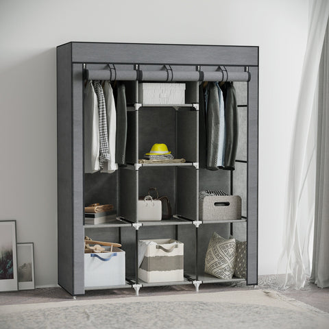 Homcom dark grey fabric wardrobe with non woven fabric cover, 8 shelves, and 2 hanging rods for clothes storage