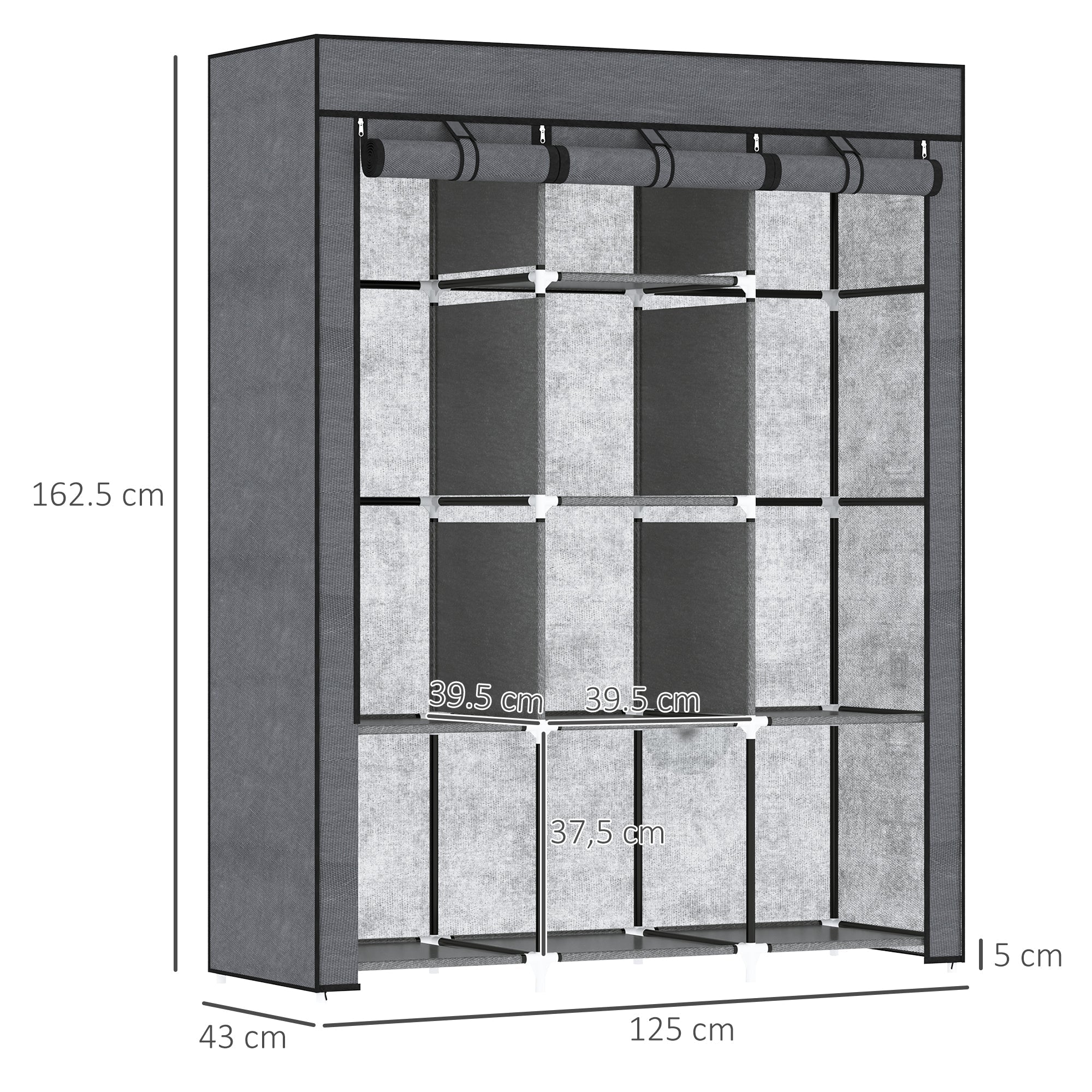 Homcom fabric wardrobe in dark grey with hanging rod and 8 shelves for clothes storage with non-woven fabric cover