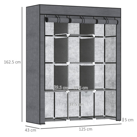 Homcom fabric wardrobe in dark grey with hanging rod and 8 shelves for clothes storage with non-woven fabric cover