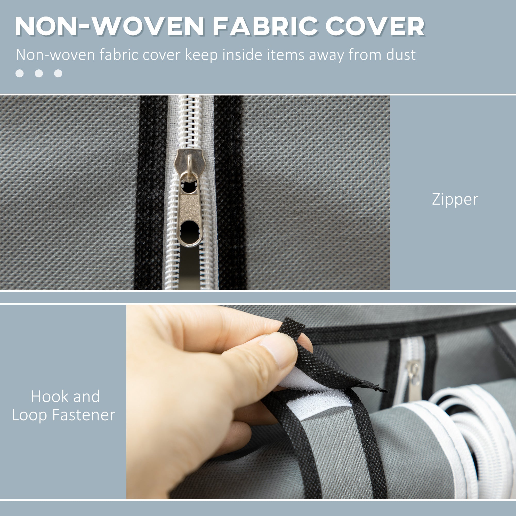 Gray non-woven fabric cover with silver zipper and black hook-and-loop fastener for homcom clothes storage with hanging rod