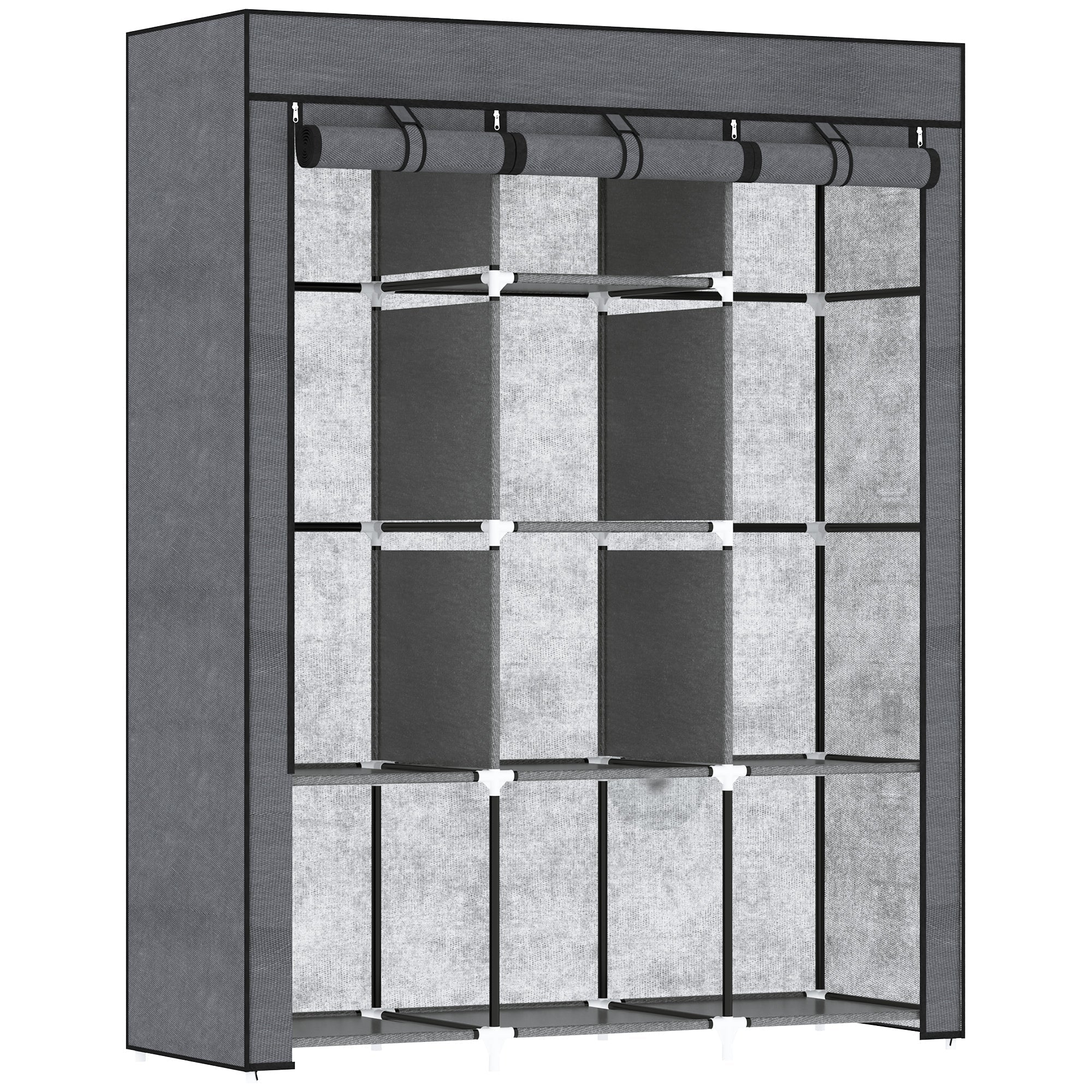 Dark grey homcom fabric wardrobe with non-woven fabric cover, 8 shelves, and 2 hanging rods for clothes storage