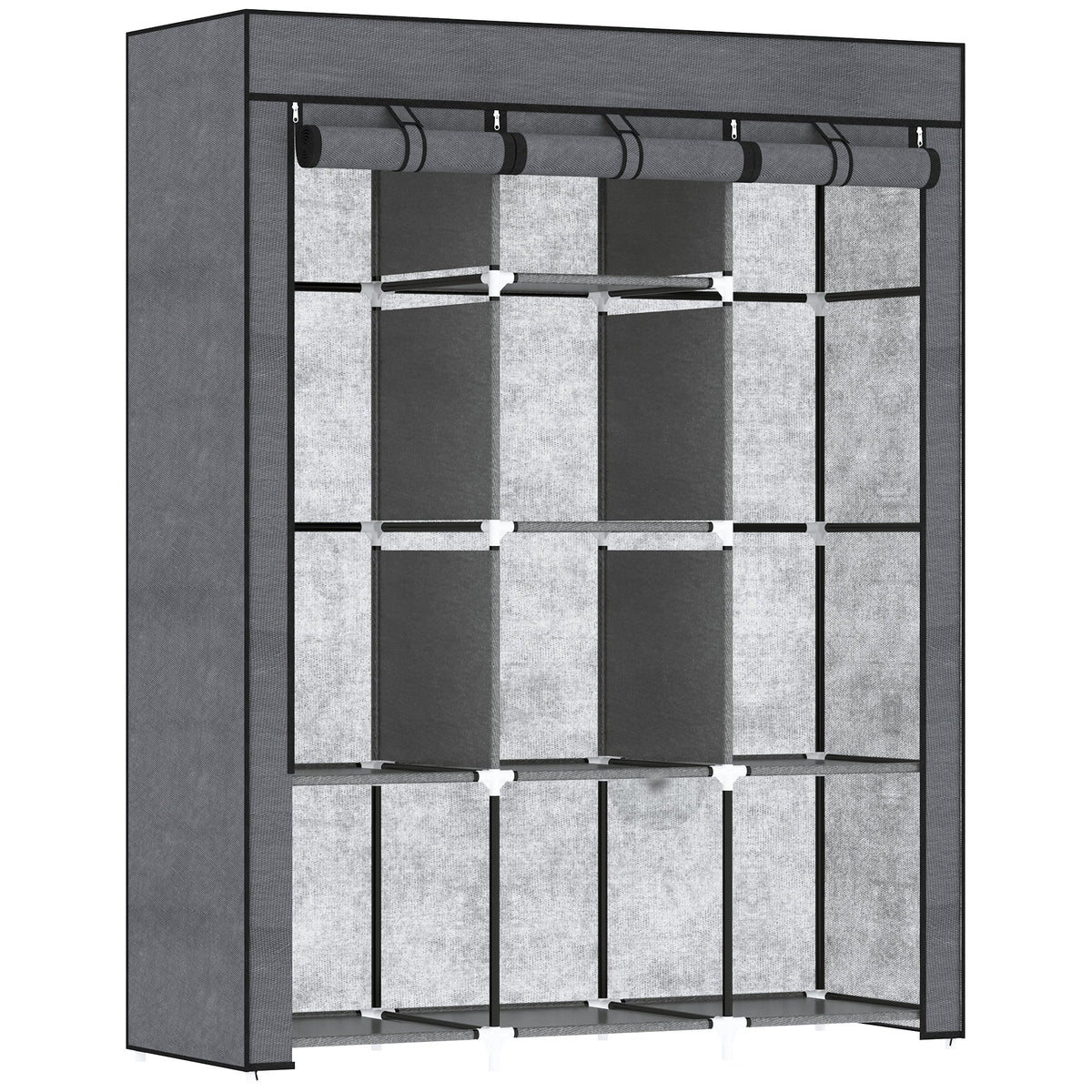 Dark grey homcom fabric wardrobe with non-woven fabric cover, 8 shelves, and 2 hanging rods for clothes storage