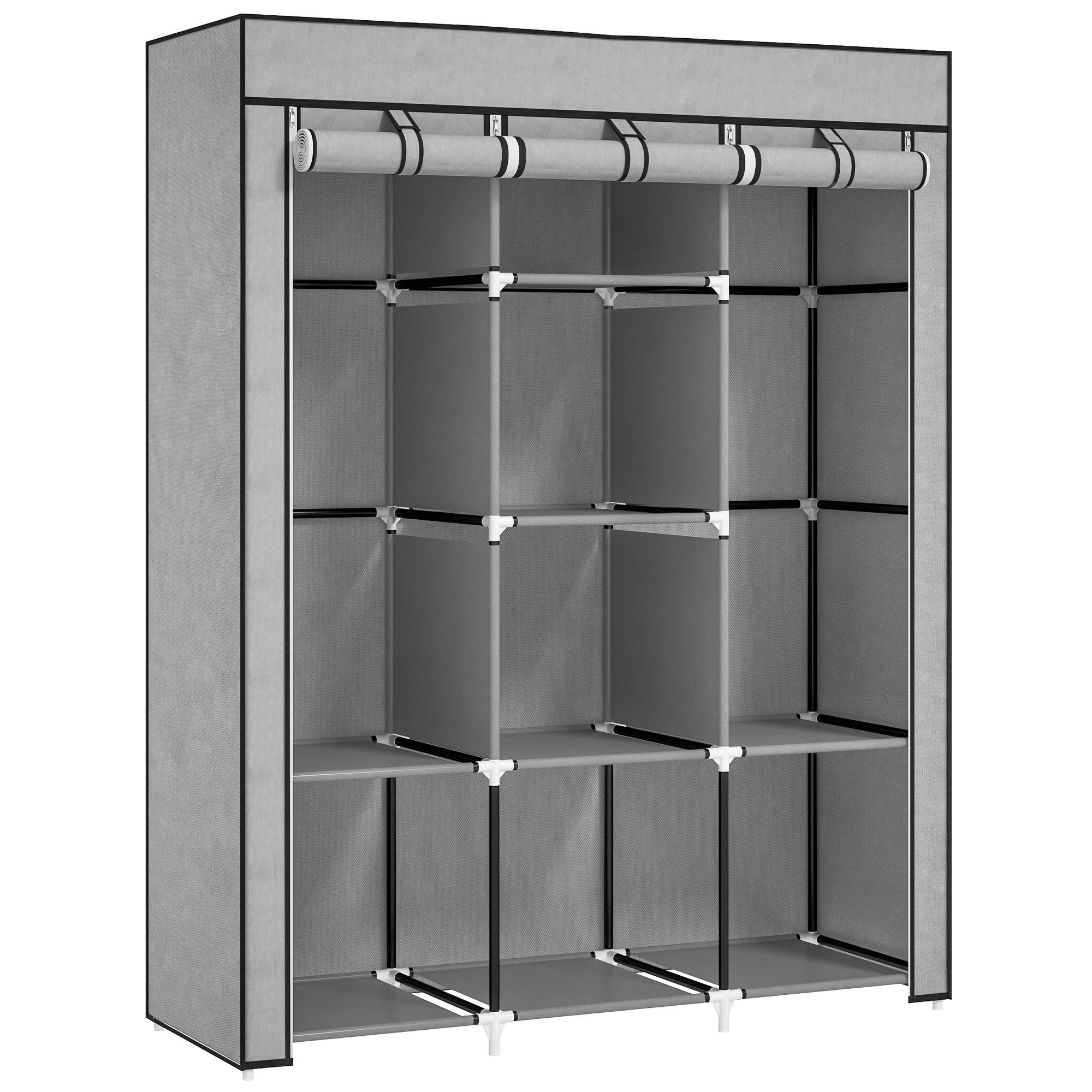 Homcom fabric wardrobe with non-woven fabric cover, gray color, black trim, hanging rod, and clothes storage shelves