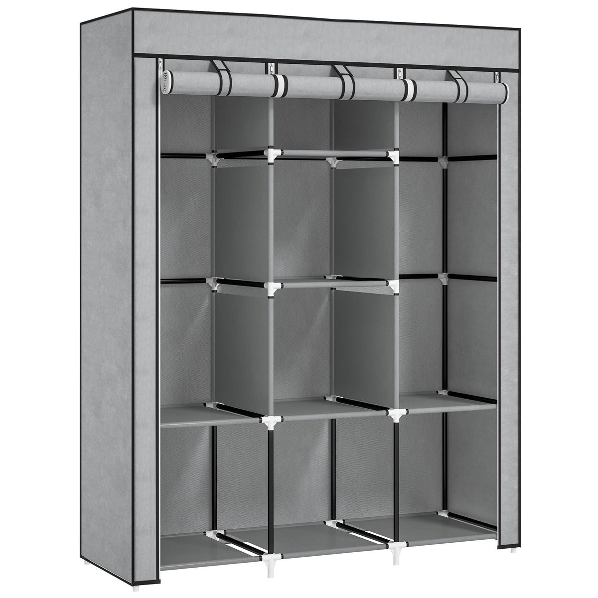 Homcom fabric wardrobe with non-woven fabric cover, gray color, black trim, hanging rod, and clothes storage shelves