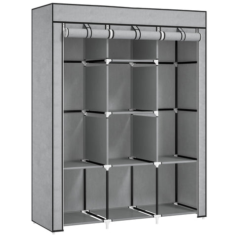Homcom fabric wardrobe with non-woven fabric cover, gray color, black trim, hanging rod, and clothes storage shelves