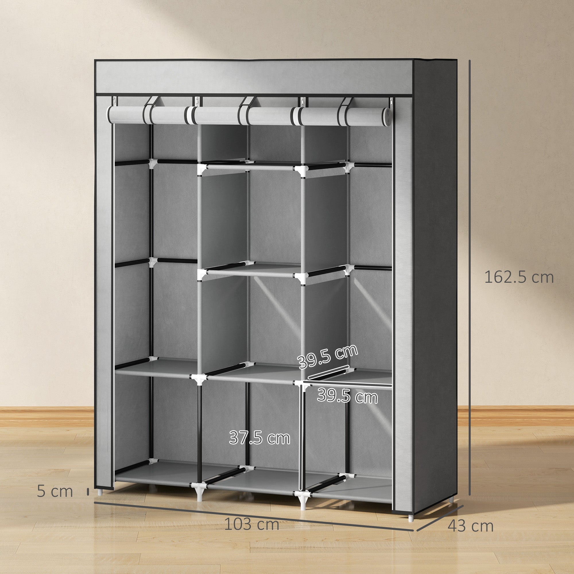 Gray homcom fabric wardrobe with non woven fabric cover, 8 shelves, and 2 hanging rods for clothes storage
