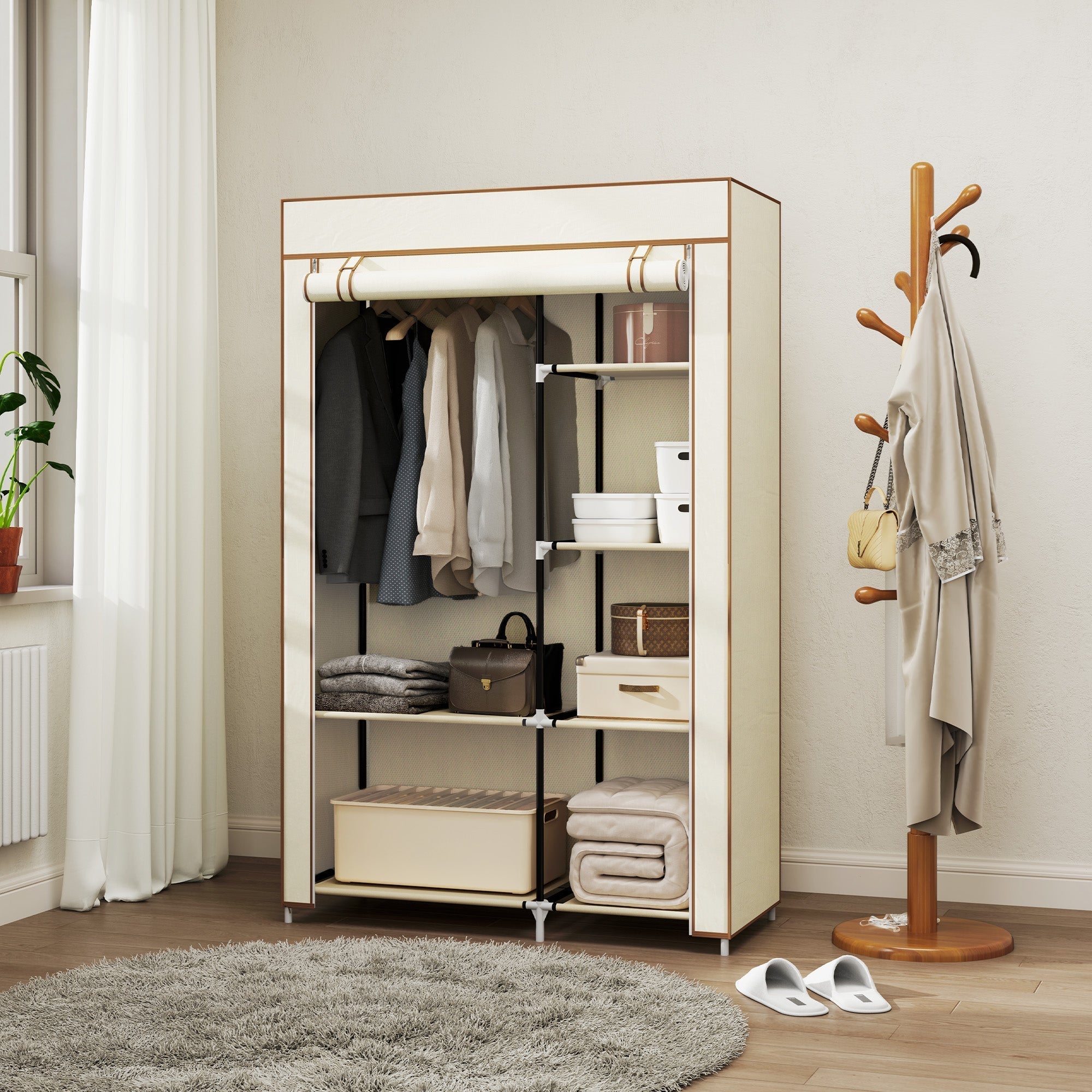 Beige homcom fabric wardrobe with black powder coated steel frame wooden trim and hanging rail for easy storage