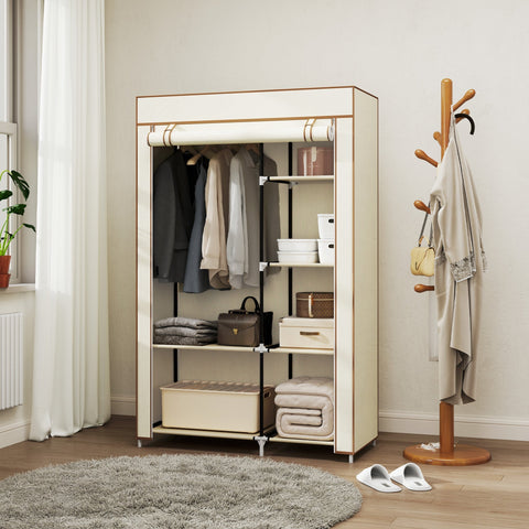 Beige homcom fabric wardrobe with black powder coated steel frame wooden trim and hanging rail for easy storage