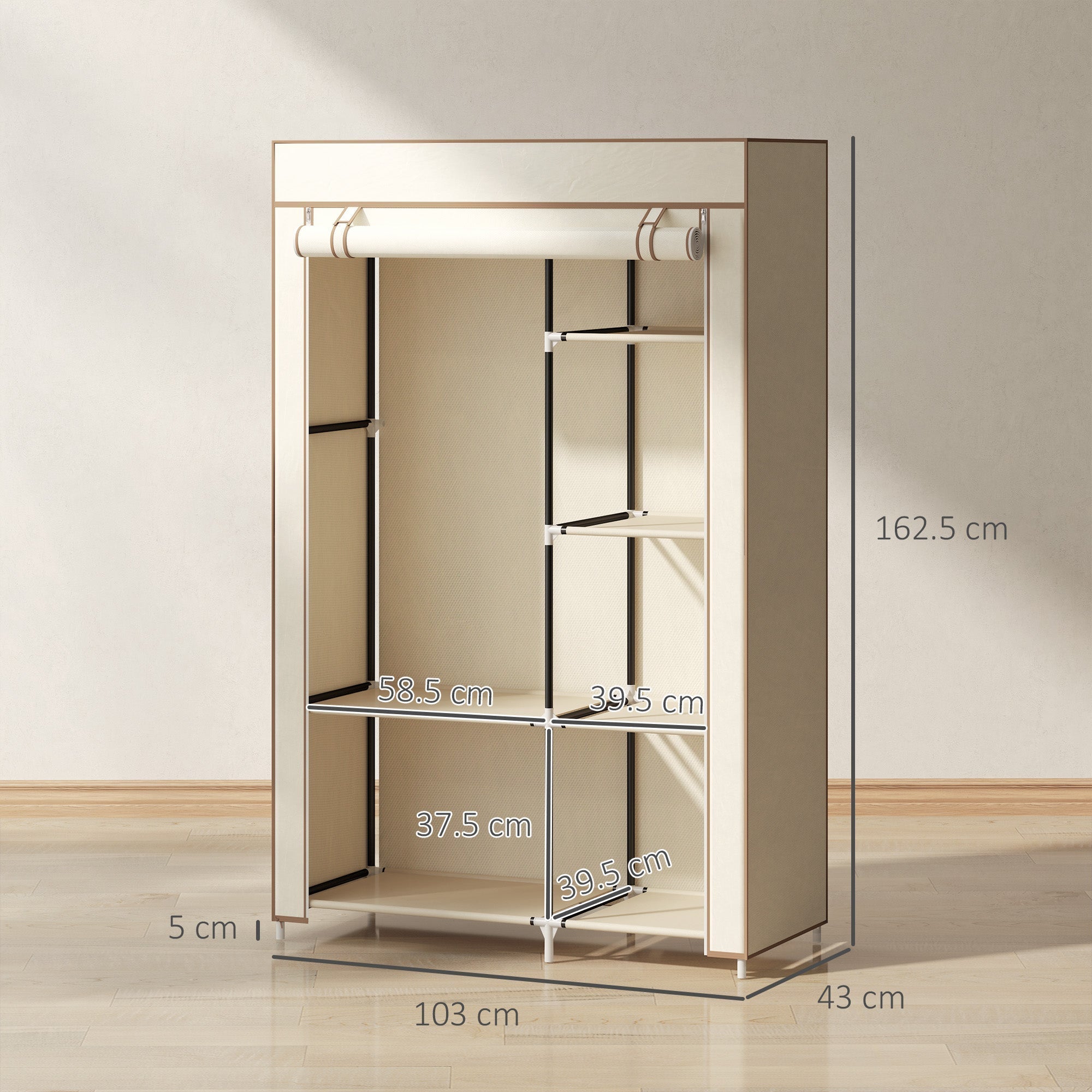 Beige homcom fabric wardrobe with powder coated steel frame, adjustable shelves, and hanging rail for easy storage
