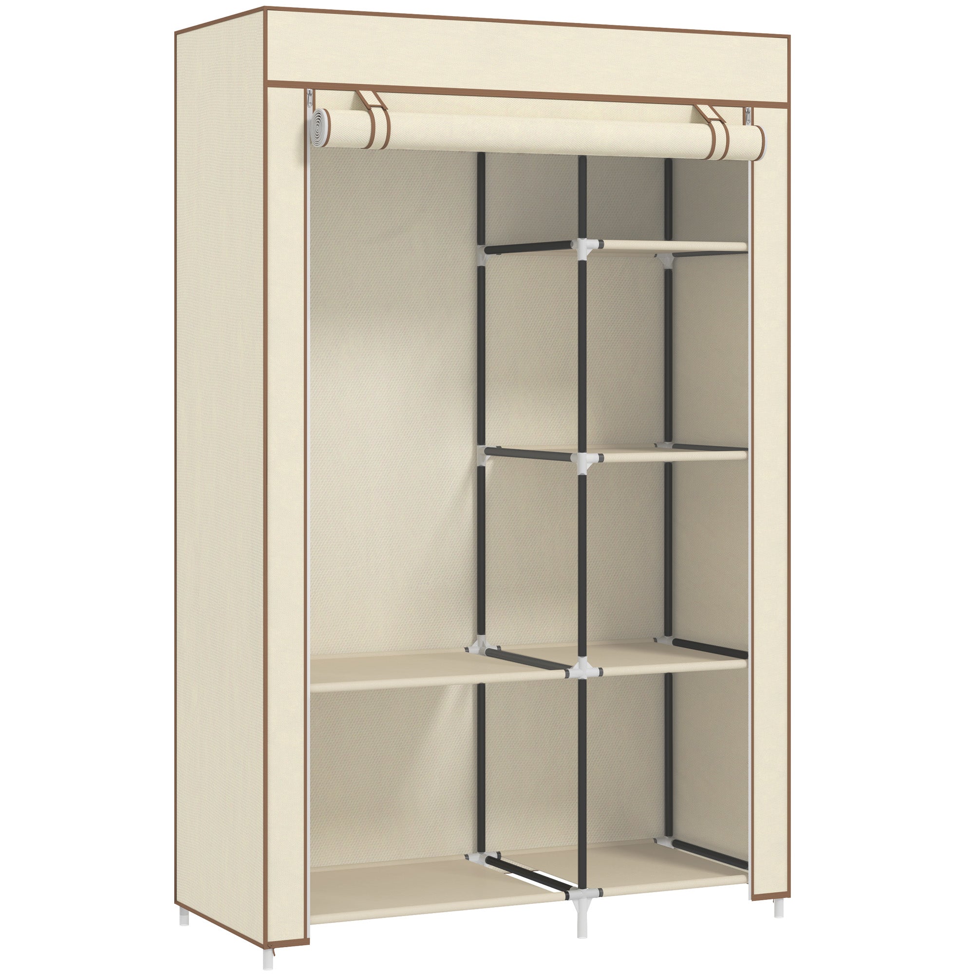 Beige homcom fabric wardrobe with roll-up top, hanging rail, and powder coated steel black frame for easy storage