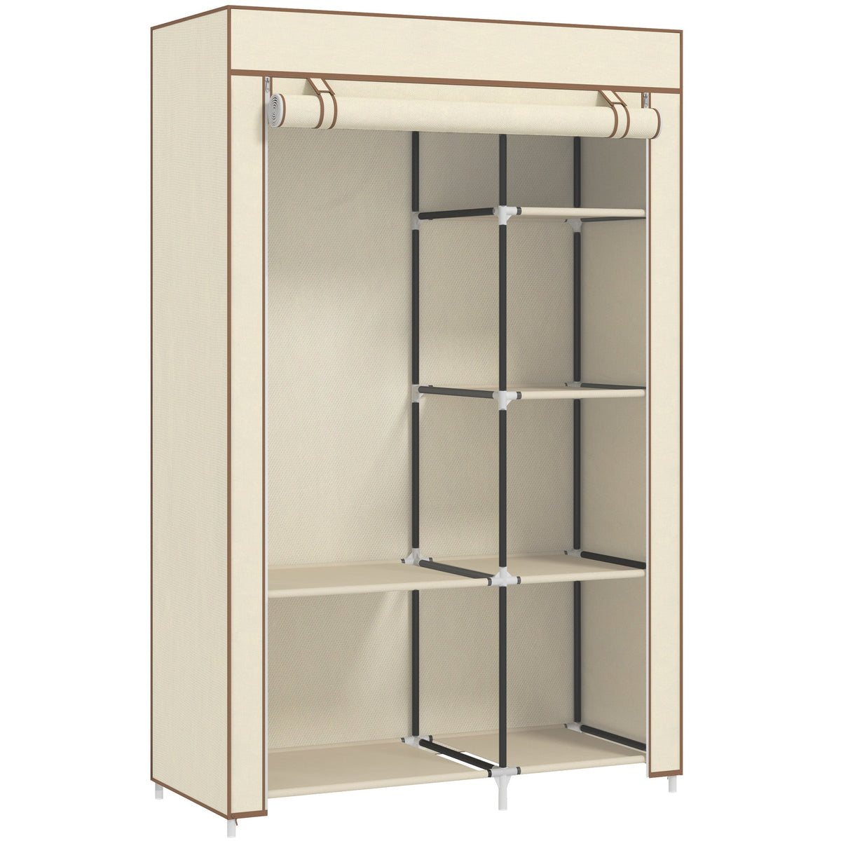 Beige homcom fabric wardrobe with roll-up top, hanging rail, and powder coated steel black frame for easy storage